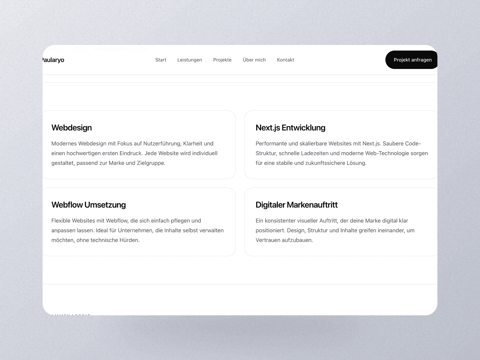 Zweites Paularyo Mockup mit Leistungsübersicht und klarer Kartenstruktur