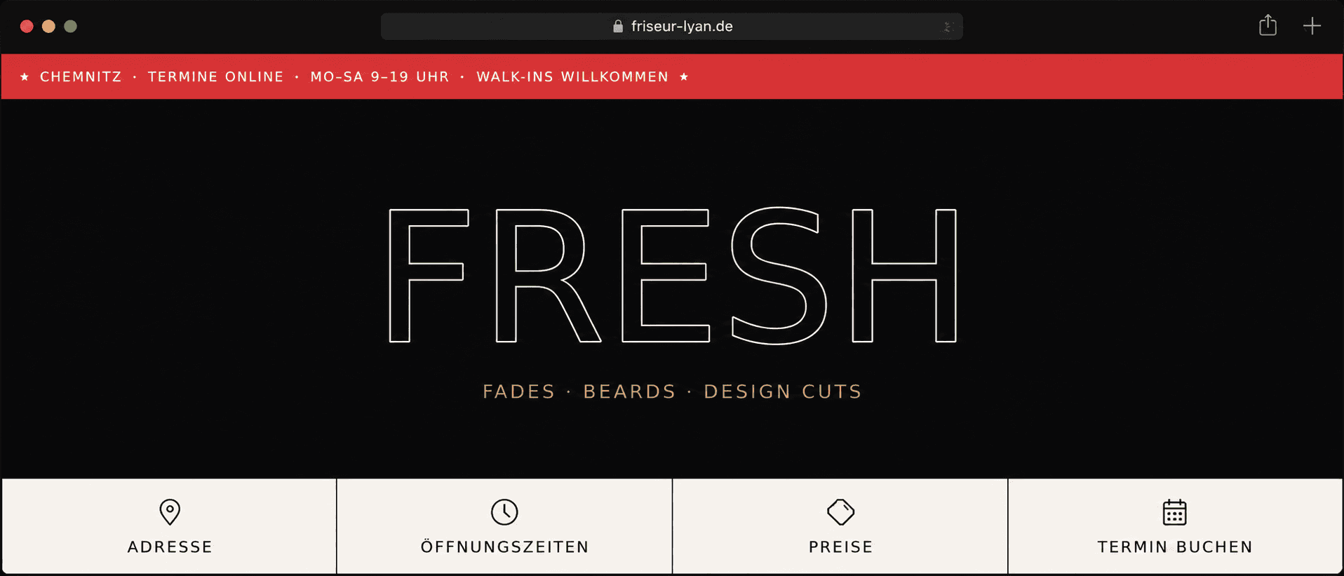 Modernes Barbershop-Website-Redesign für Friseur Lyan mit starkem Hero-Bereich und Buchungsfokus